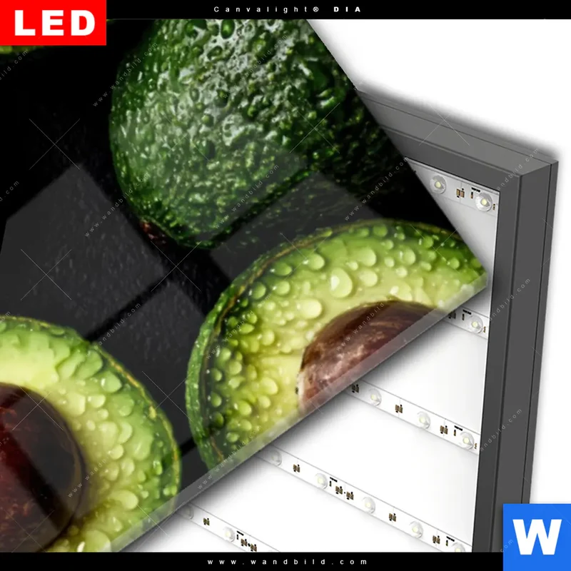 Wechselmotiv Acrylglas Canvalight® DIA | Avocados mit Wassertropfen | Panorama