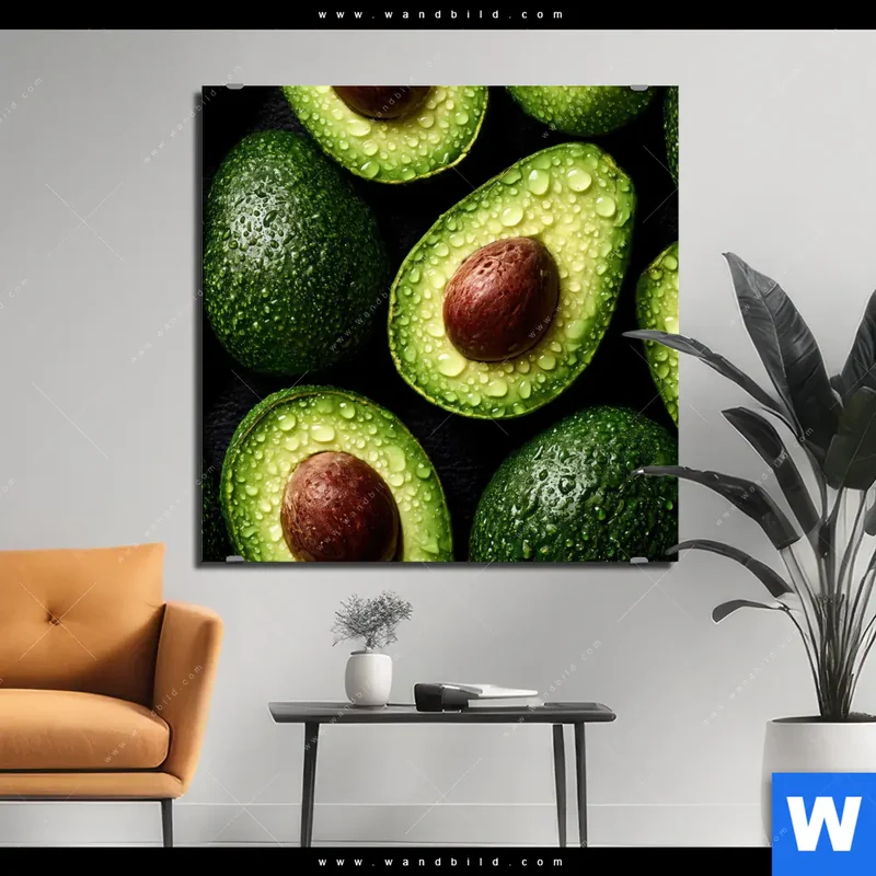 Aluminiumbild gebürstet | Avocados mit Wassertropfen | Quadrat