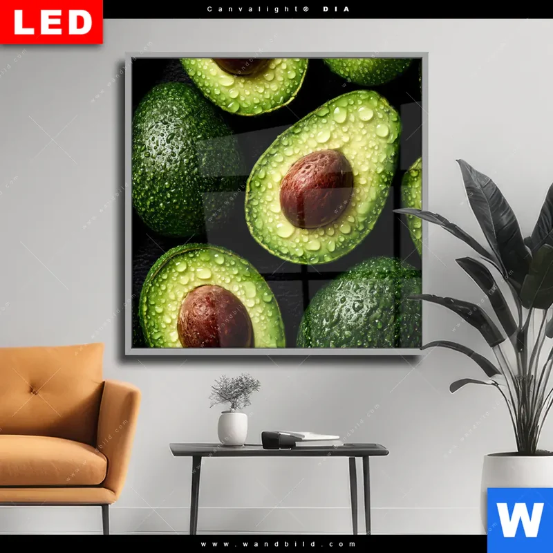 Wechselmotiv Acrylglas Canvalight® DIA | Avocados mit Wassertropfen | Quadrat