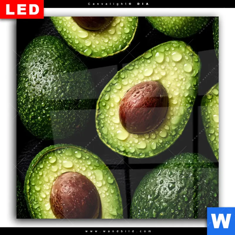 Wechselmotiv Acrylglas Canvalight® DIA | Avocados mit Wassertropfen | Quadrat