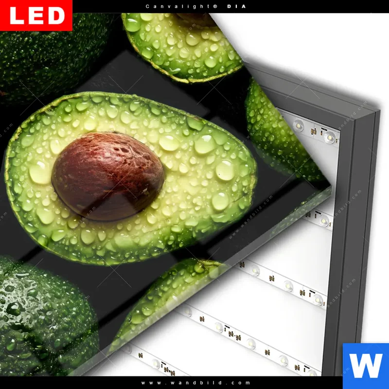 Wechselmotiv Acrylglas Canvalight® DIA | Avocados mit Wassertropfen | Quadrat