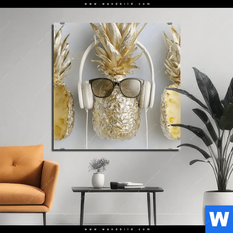 Aluminiumbild gebürstet | Goldene Ananas mit Kopfhörern | Quadrat