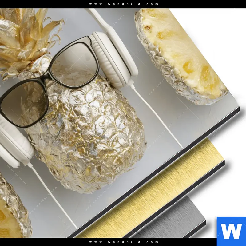 Aluminiumbild gebürstet | Goldene Ananas mit Kopfhörern | Quadrat