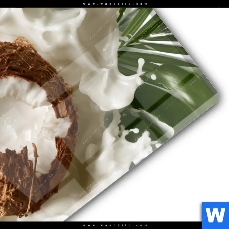 Acrylglasbild | Kokosnuss mit Kokosmilch & Palmenblättern | Querformat