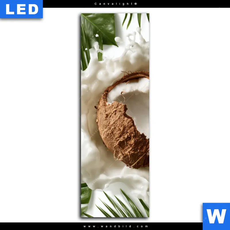 Canvalight® Leuchtbild | Kokosnuss mit Kokosmilch & Palmenblättern | Schmal