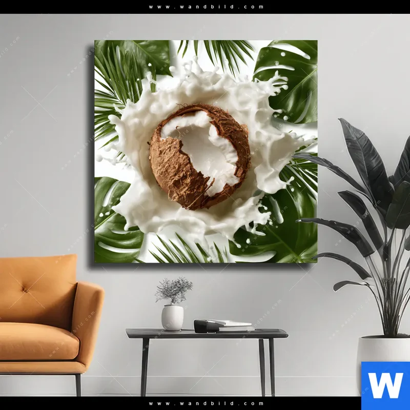 Leinwandbild | Kokosnuss mit Kokosmilch & Palmenblättern | Quadrat