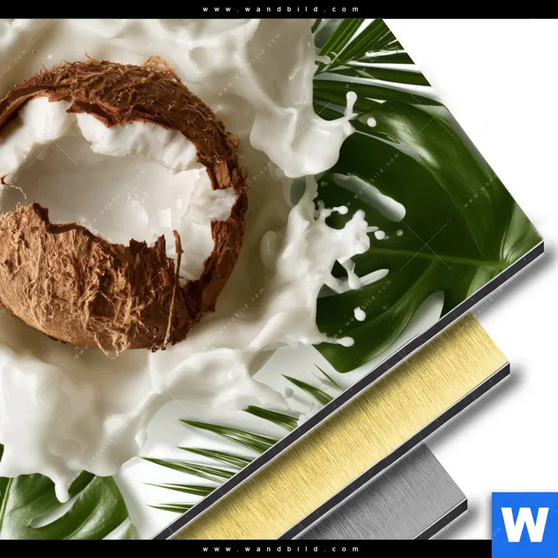 Aluminiumbild gebürstet | Kokosnuss mit Kokosmilch & Palmenblättern | Rund