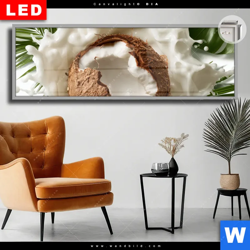 Leuchtbild Acrylglas Canvalight® DIA | Kokosnuss mit Kokosmilch & Palmenblättern | Panorama