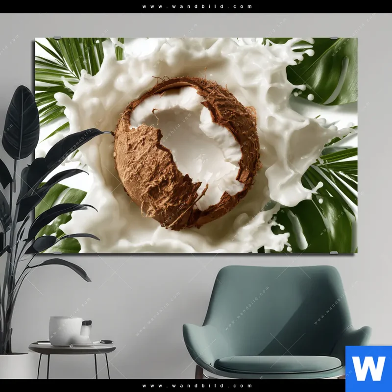 Alu-Dibond Bild | Kokosnuss mit Kokosmilch & Palmenblättern | Querformat