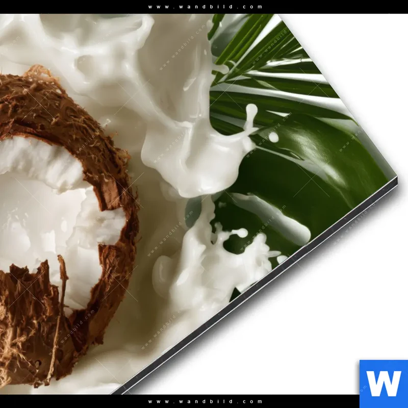 Alu-Dibond Bild | Kokosnuss mit Kokosmilch & Palmenblättern | Querformat