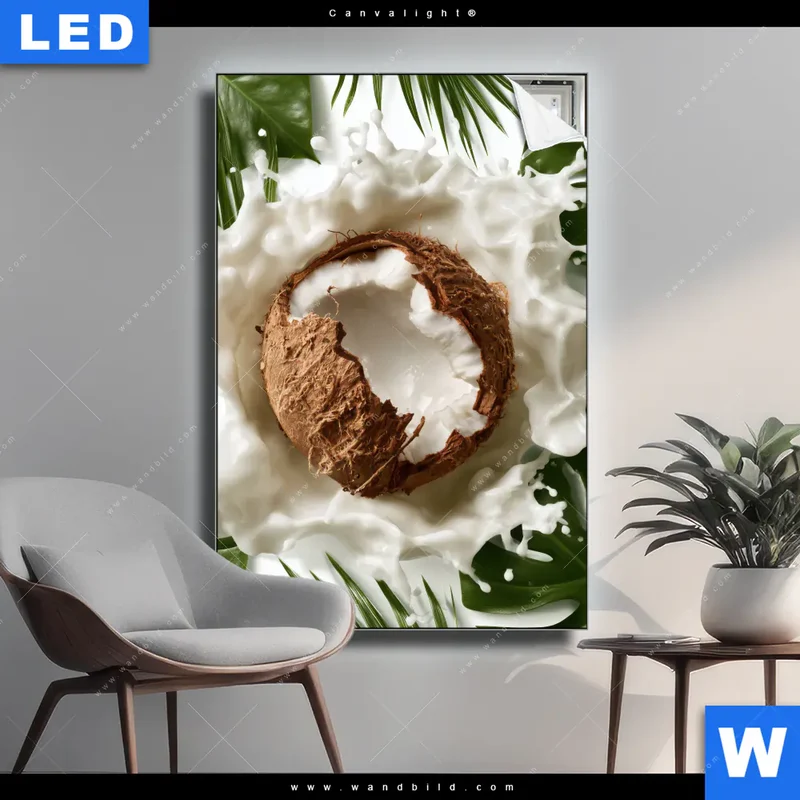 Canvalight® Leuchtbild | Kokosnuss mit Kokosmilch & Palmenblättern | Hochformat