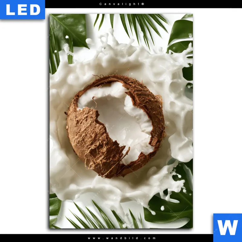 Canvalight® Leuchtbild | Kokosnuss mit Kokosmilch & Palmenblättern | Hochformat