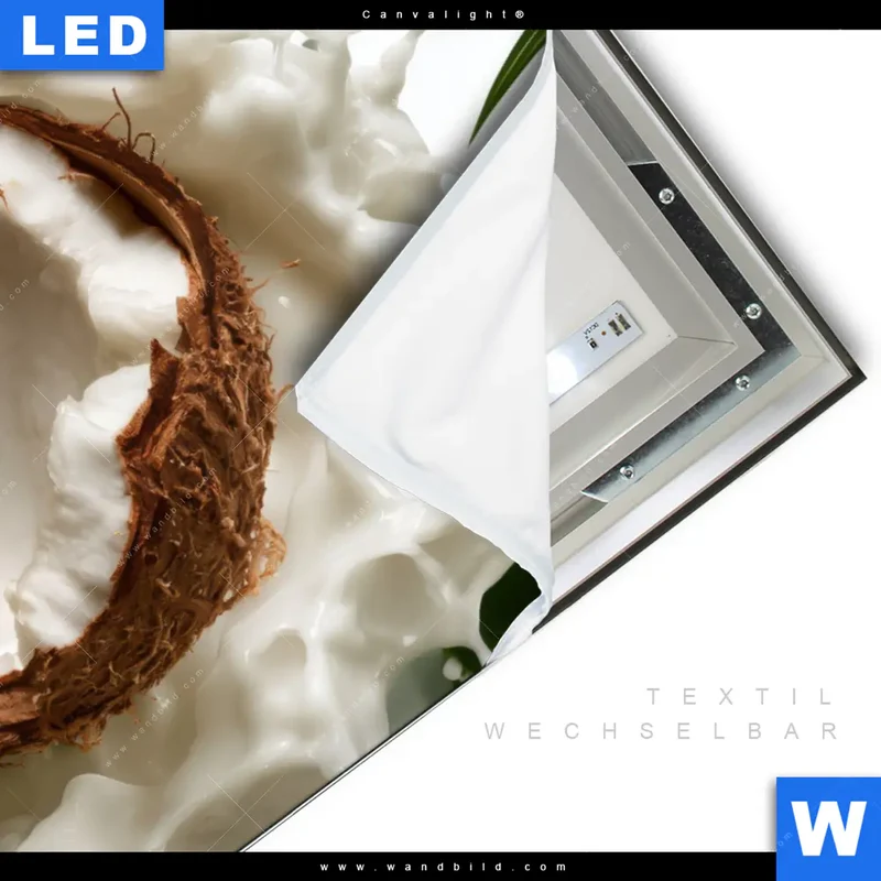 Canvalight® Leuchtbild | Kokosnuss mit Kokosmilch & Palmenblättern | Hochformat