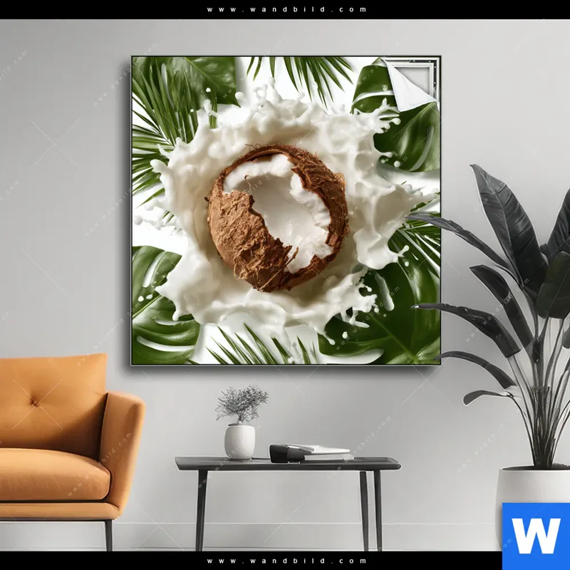 Spannbild | Kokosnuss mit Kokosmilch & Palmenblättern | Quadrat