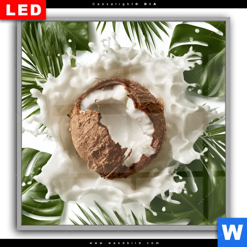 Leuchtbild Acrylglas Canvalight® DIA | Kokosnuss mit Kokosmilch & Palmenblättern | Quadrat
