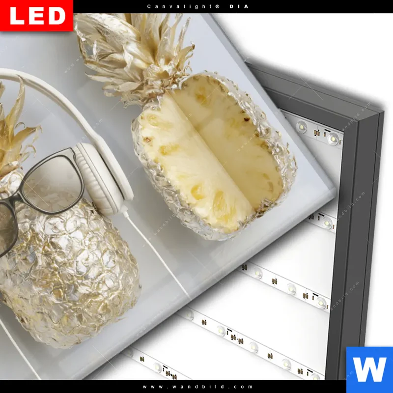 Wechselmotiv Acrylglas Canvalight® DIA | Goldene Ananas mit Kopfhörern | Querformat