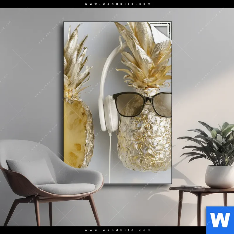 Spannbild | Goldene Ananas mit Kopfhörern | Hochformat
