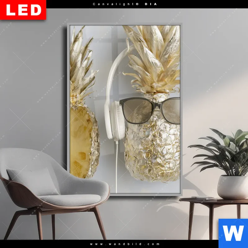 Wechselmotiv Acrylglas Canvalight® DIA | Goldene Ananas mit Kopfhörern | Hochformat