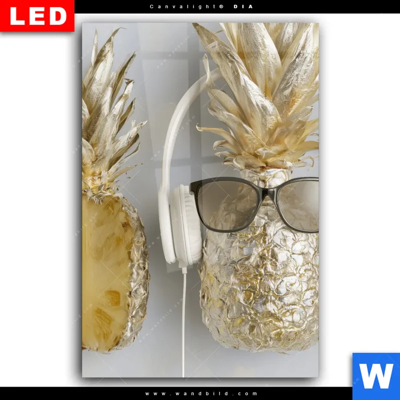 Wechselmotiv Acrylglas Canvalight® DIA | Goldene Ananas mit Kopfhörern | Hochformat