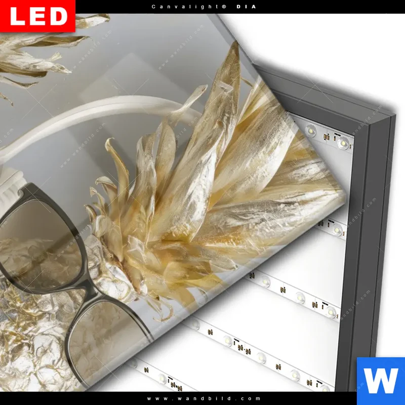 Wechselmotiv Acrylglas Canvalight® DIA | Goldene Ananas mit Kopfhörern | Hochformat