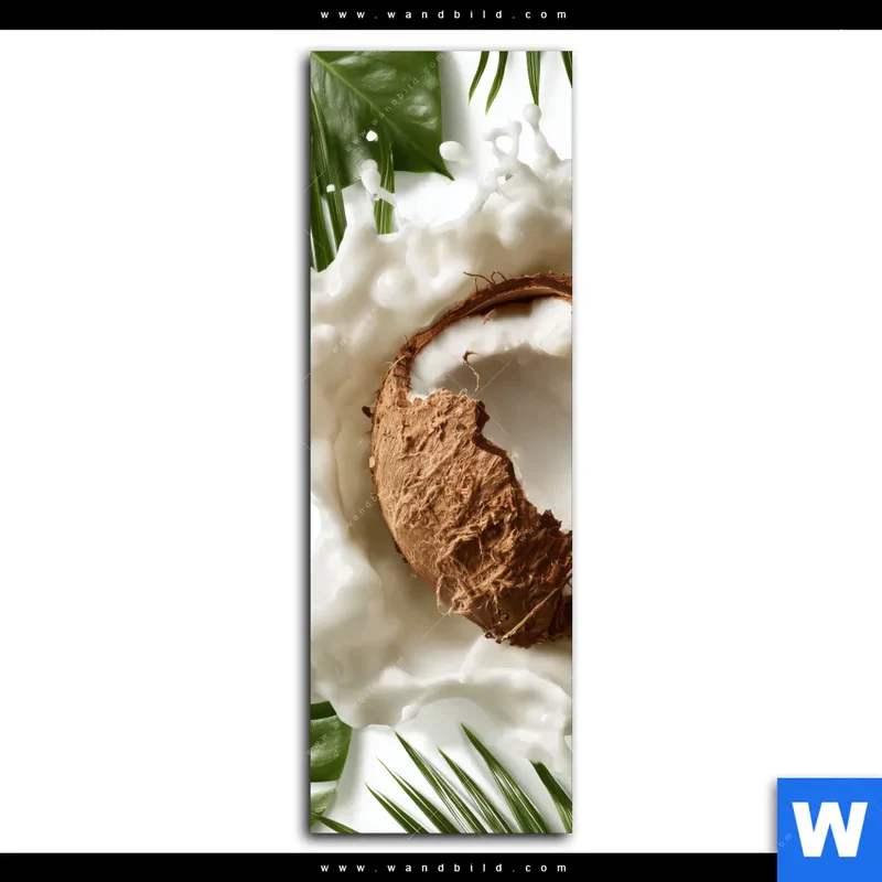 Alu-Dibond Bild | Kokosnuss mit Kokosmilch & Palmenblättern | Schmal