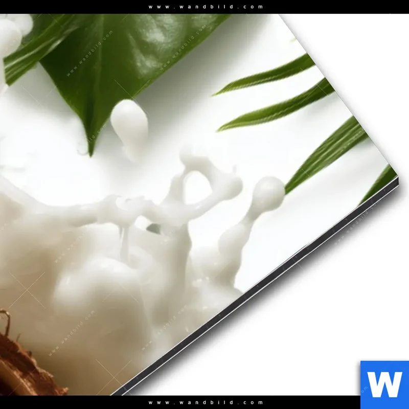 Alu-Dibond Bild | Kokosnuss mit Kokosmilch & Palmenblättern | Schmal