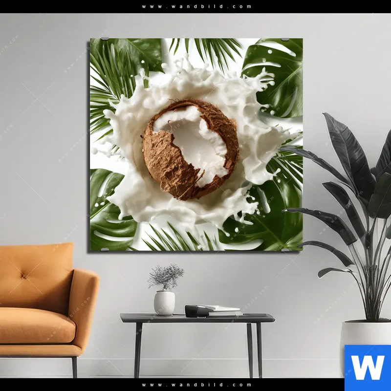 Alu-Dibond Bild | Kokosnuss mit Kokosmilch & Palmenblättern | Quadrat