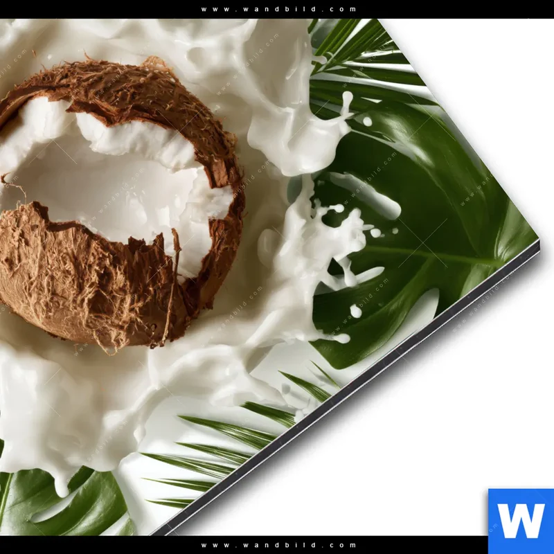Alu-Dibond Bild | Kokosnuss mit Kokosmilch & Palmenblättern | Quadrat