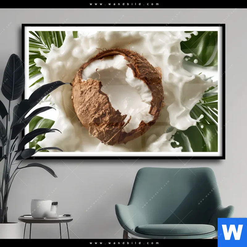 Poster | Kokosnuss mit Kokosmilch & Palmenblättern | Querformat
