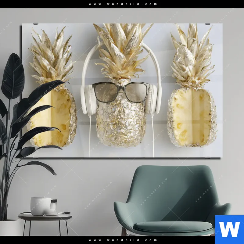 Acrylglasbild | Goldene Ananas mit Kopfhörern | Querformat