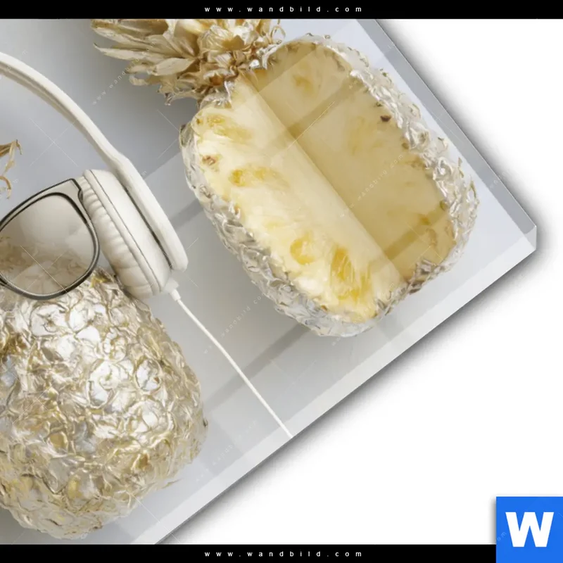 Acrylglasbild | Goldene Ananas mit Kopfhörern | Querformat