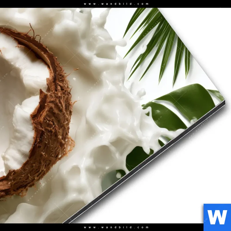 Alu-Dibond Bild | Kokosnuss mit Kokosmilch & Palmenblättern | Hochformat