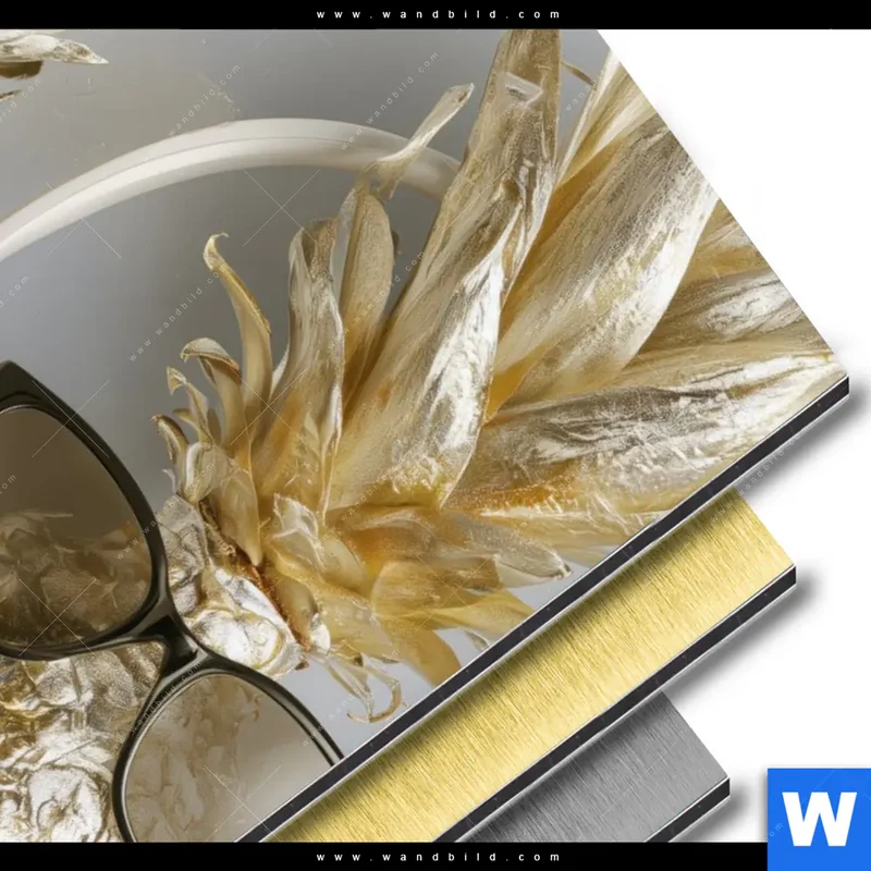Aluminiumbild gebürstet | Goldene Ananas mit Kopfhörern | Hochformat