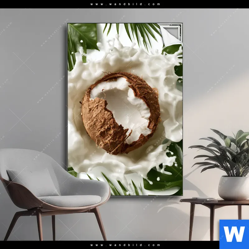 Spannbild | Kokosnuss mit Kokosmilch & Palmenblättern | Hochformat