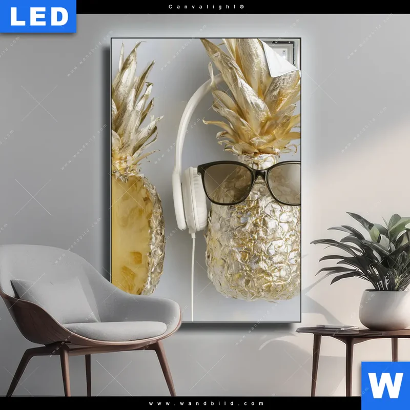 Canvalight® Leuchtbild | Goldene Ananas mit Kopfhörern | Hochformat