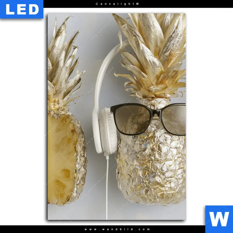 Canvalight® Leuchtbild | Goldene Ananas mit Kopfhörern | Hochformat