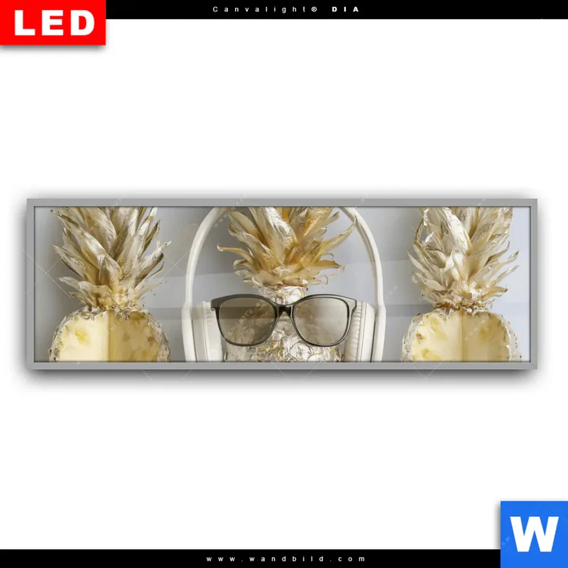Leuchtbild Acrylglas Canvalight® DIA | Goldene Ananas mit Kopfhörern | Panorama