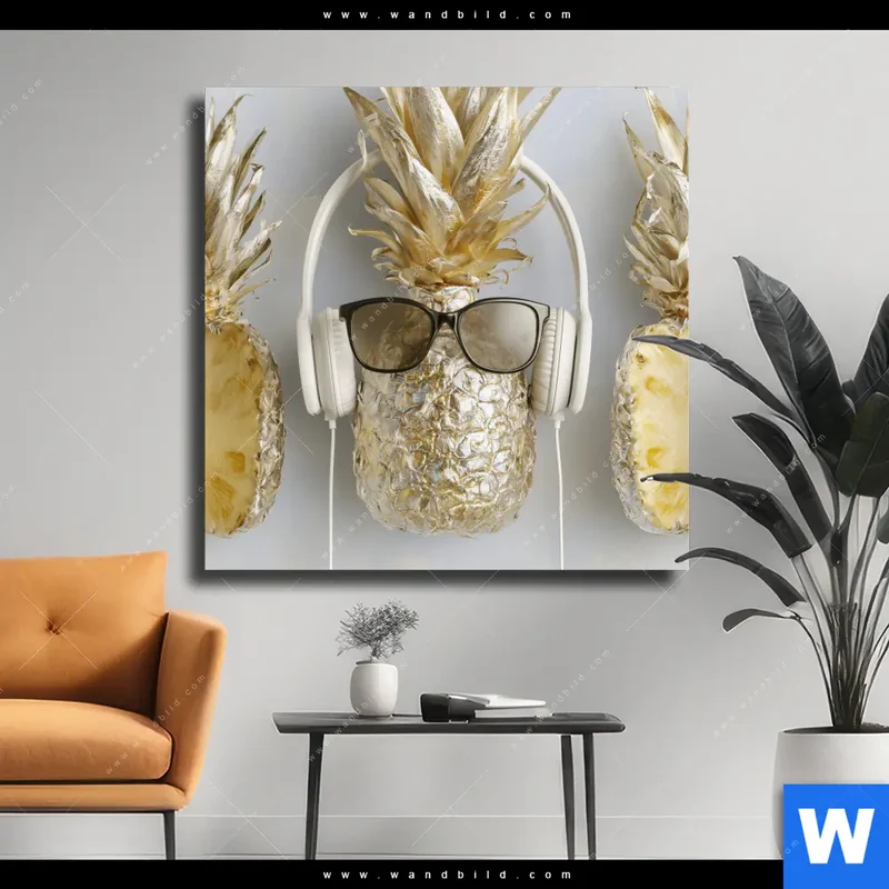 Leinwandbild | Goldene Ananas mit Kopfhörern | Quadrat