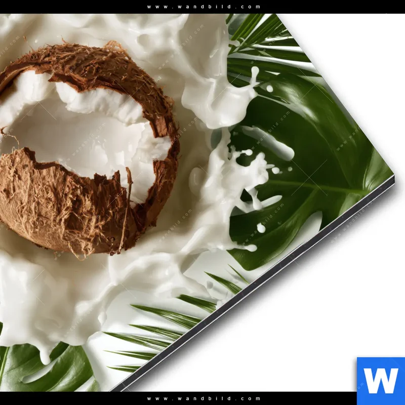 Alu-Dibond Bild | Kokosnuss mit Kokosmilch & Palmenblättern | Rund