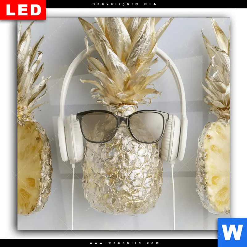 Wechselmotiv Acrylglas Canvalight® DIA | Goldene Ananas mit Kopfhörern | Quadrat