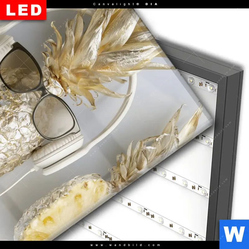 Wechselmotiv Acrylglas Canvalight® DIA | Goldene Ananas mit Kopfhörern | Quadrat