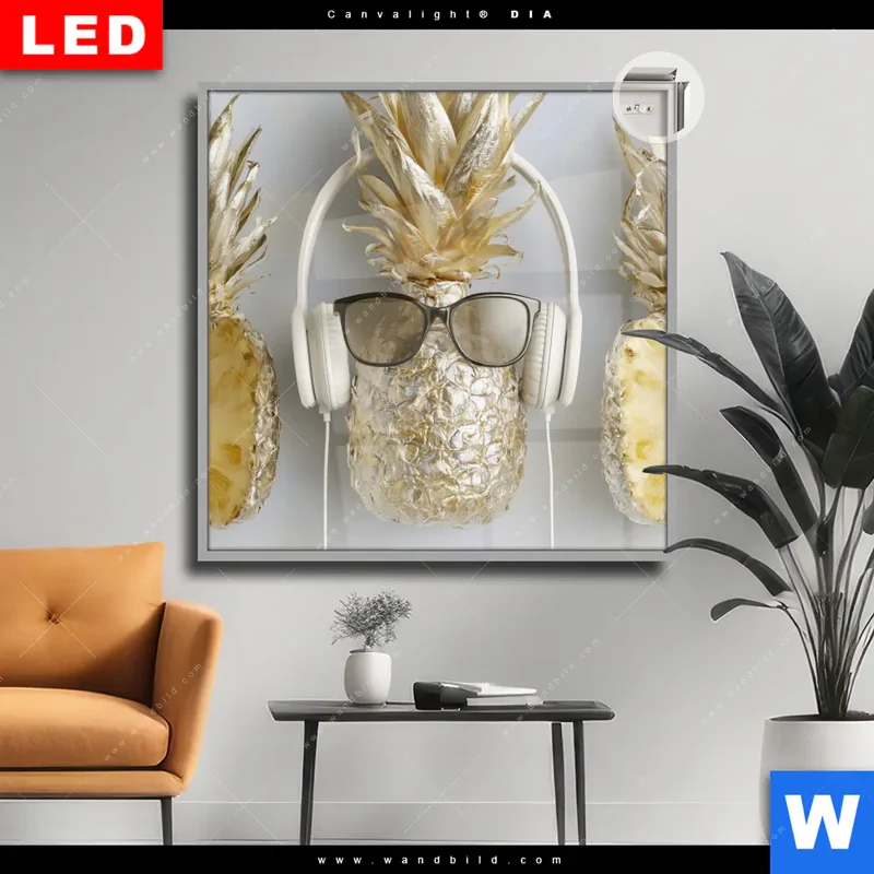 Leuchtbild Acrylglas Canvalight® DIA | Goldene Ananas mit Kopfhörern | Quadrat