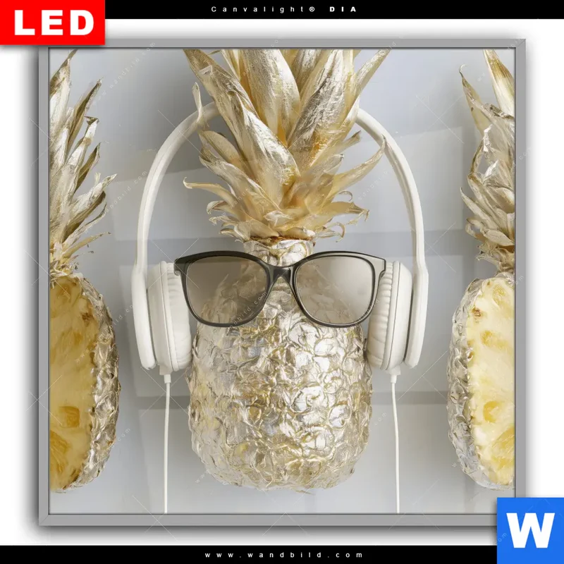 Leuchtbild Acrylglas Canvalight® DIA | Goldene Ananas mit Kopfhörern | Quadrat
