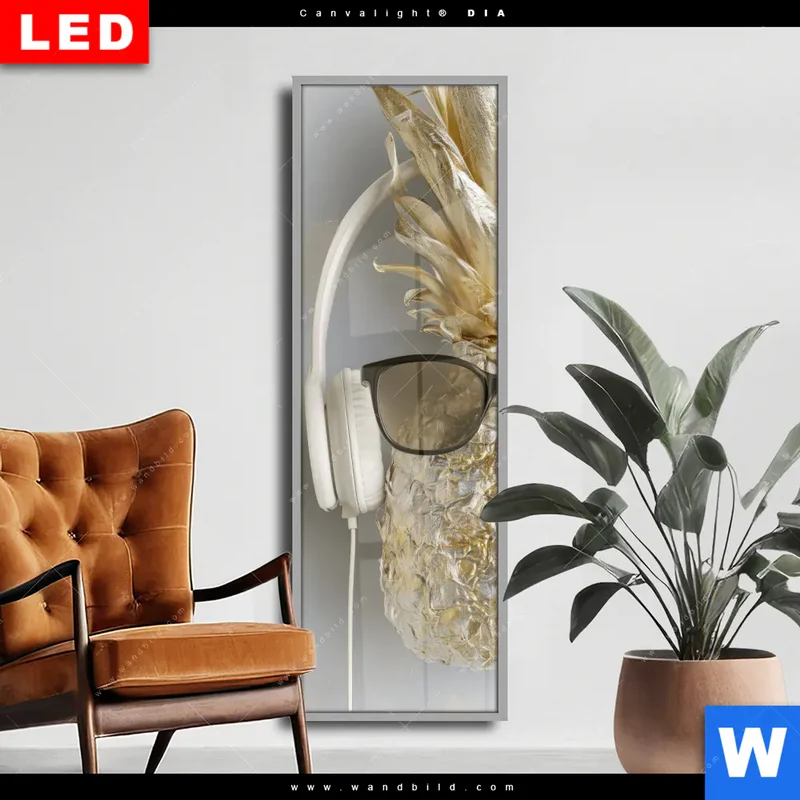 Wechselmotiv Acrylglas Canvalight® DIA | Goldene Ananas mit Kopfhörern | Schmal