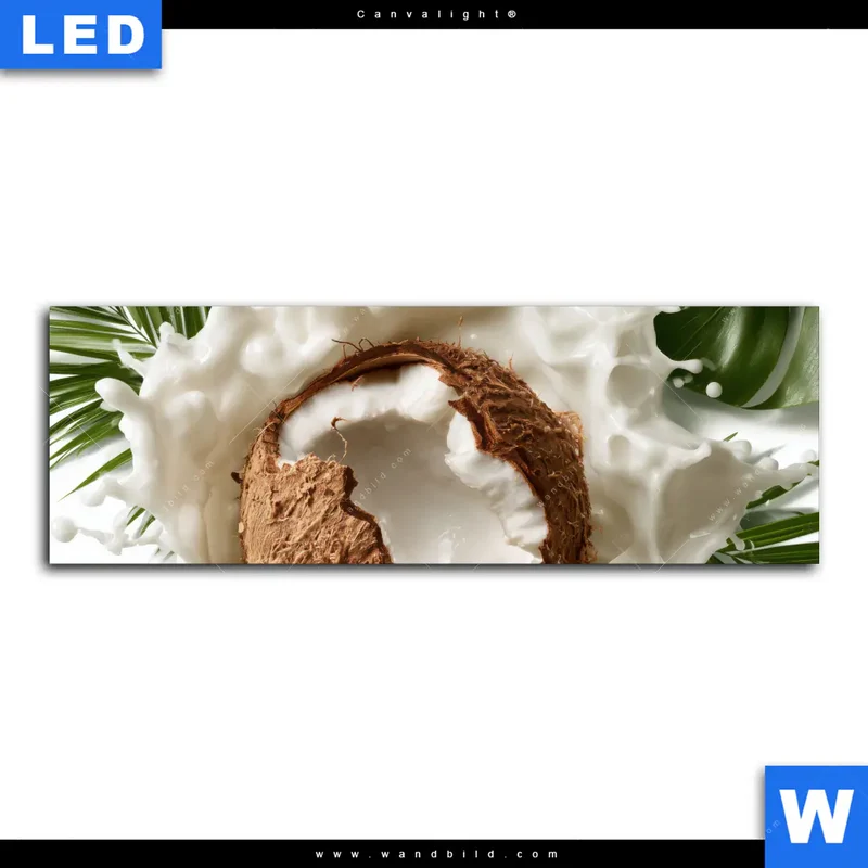 Canvalight® Leuchtbild | Kokosnuss mit Kokosmilch & Palmenblättern | Panorama
