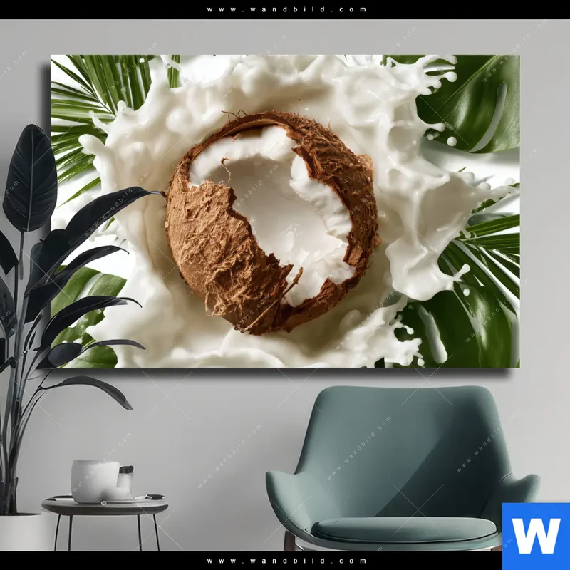 Leinwandbild | Kokosnuss mit Kokosmilch & Palmenblättern | Querformat