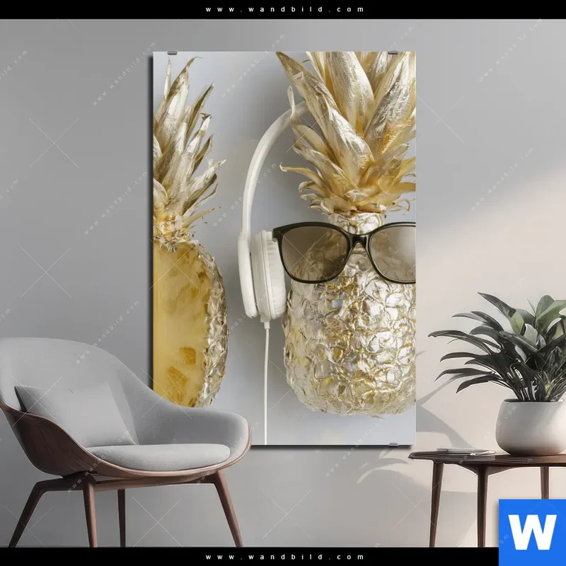 Alu-Dibond Bild | Goldene Ananas mit Kopfhörern | Hochformat