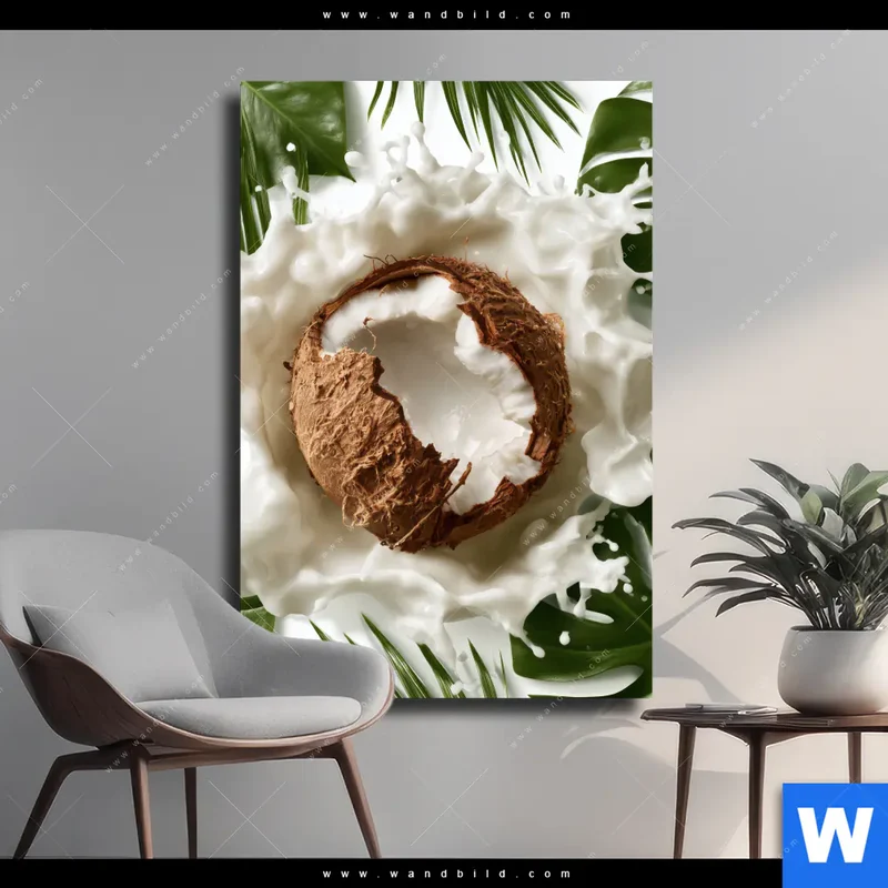 Leinwandbild | Kokosnuss mit Kokosmilch & Palmenblättern | Hochformat