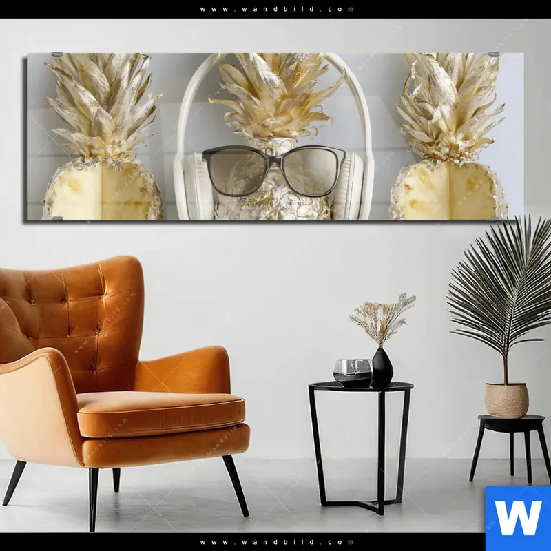 Acrylglasbild | Goldene Ananas mit Kopfhörern | Panorama