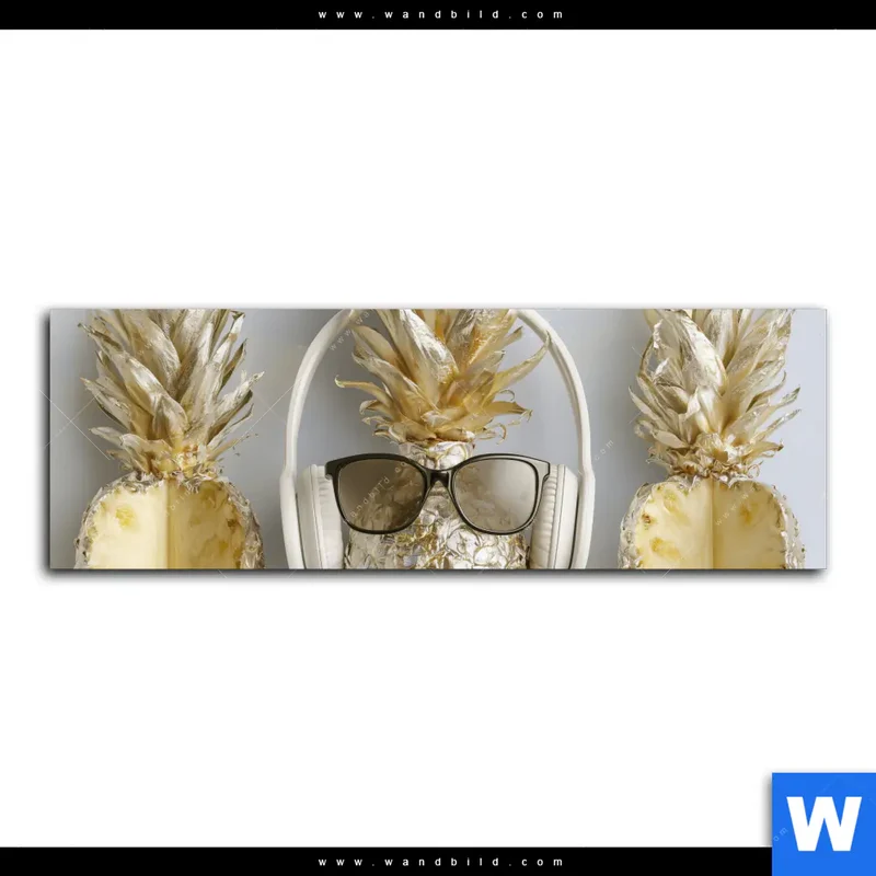 Acrylglasbild | Goldene Ananas mit Kopfhörern | Panorama